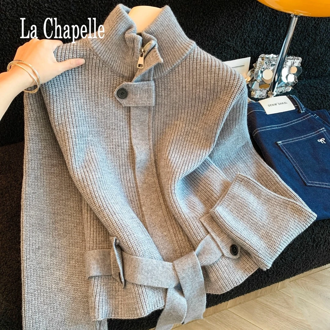 拉夏贝尔设计感小众系带收腰立领针织开衫女秋冬新款洋气毛衣外套