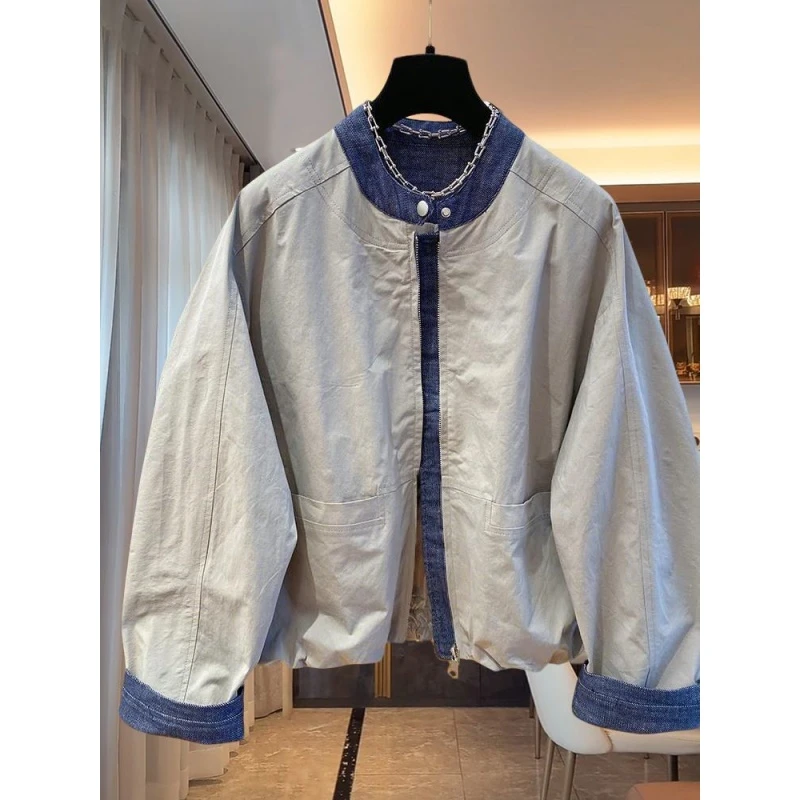 【300斤胖妹妹】韩系简约拼牛仔领棒球服外套秋季新款休闲长袖夹克