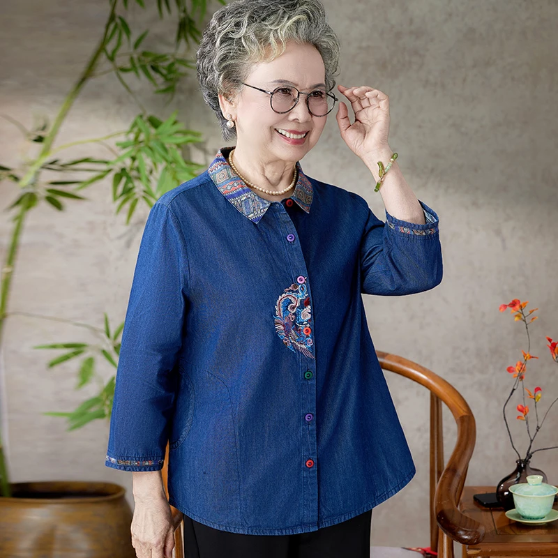 全棉初秋衬衫七分袖新中式奶奶装夏季老人太太纯棉牛仔妈妈上衣服