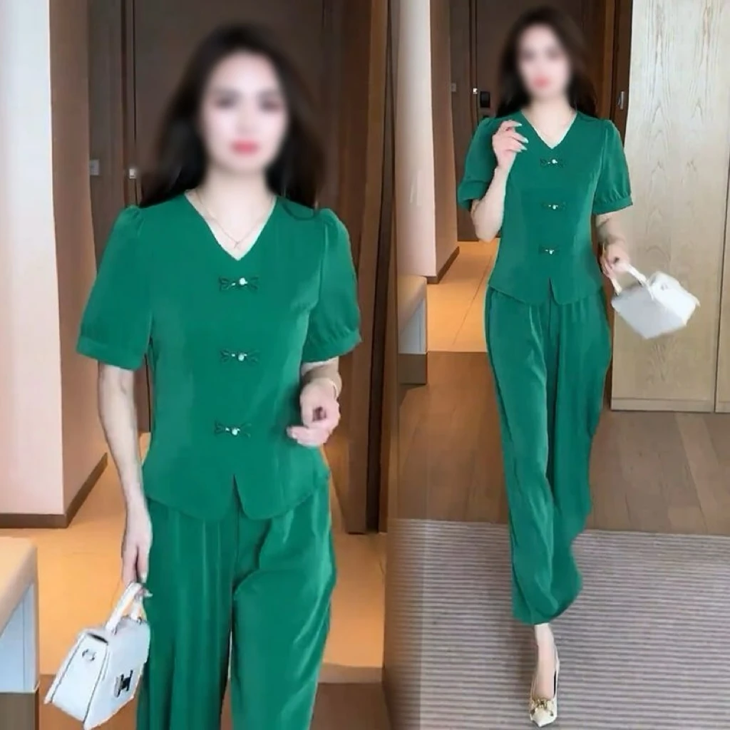 【现货】新中式套装女2025夏季新款显瘦短袖阔腿裤两件套