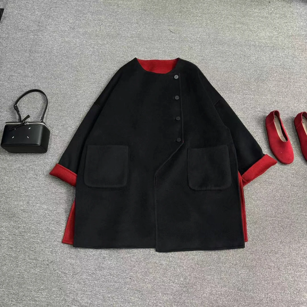 瑶睿安240斤小众设计老钱风大衣外套中长款双面绒大衣819