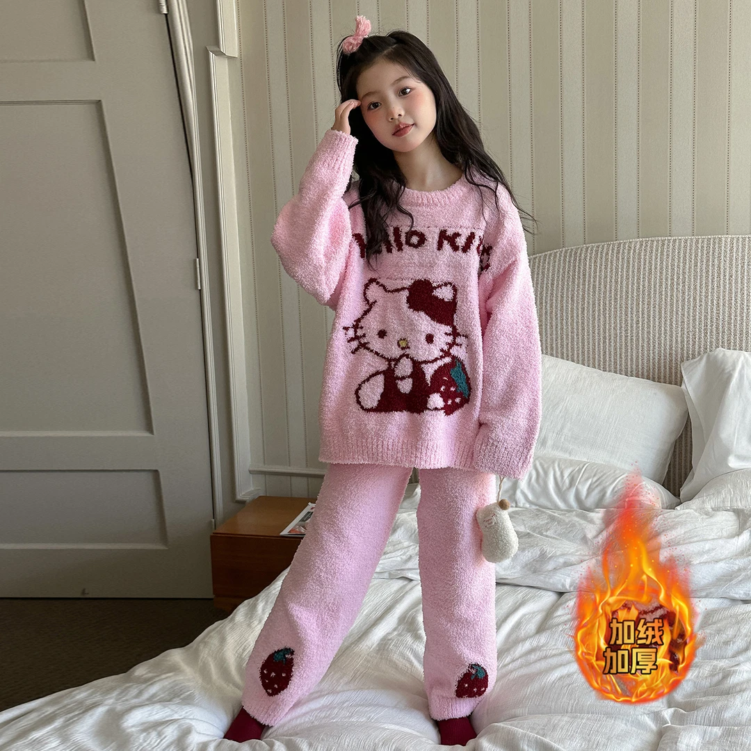 高品质女童冬装凯蒂猫半边绒家居服套装女孩5-14岁加厚宽松睡衣
