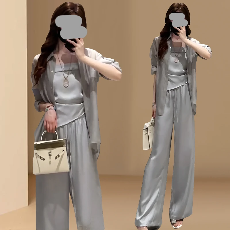 欧洲站2025夏季新款欧货宽松休闲衬衫+吊带高腰直筒阔腿裤三件套