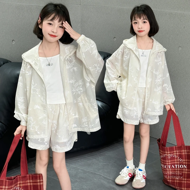 女童短袖套装夏装2025新款中大童洋气韩版开衫外套休闲短裤两件套
