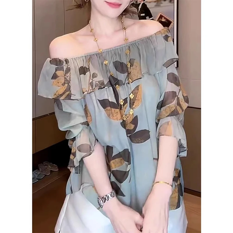 印花荷叶边拼接上衣2025年夏装慵懒风时尚休闲一字领露肩半袖衬衫