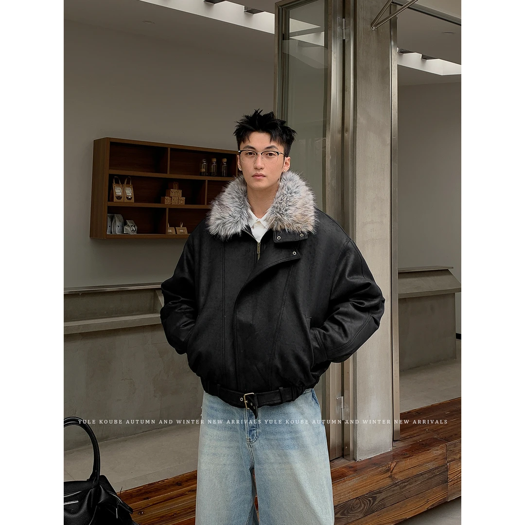Koube「可拆卸 毛领内胆」美式复古PU皮座山雕男90白鸭绒保暖厚外套