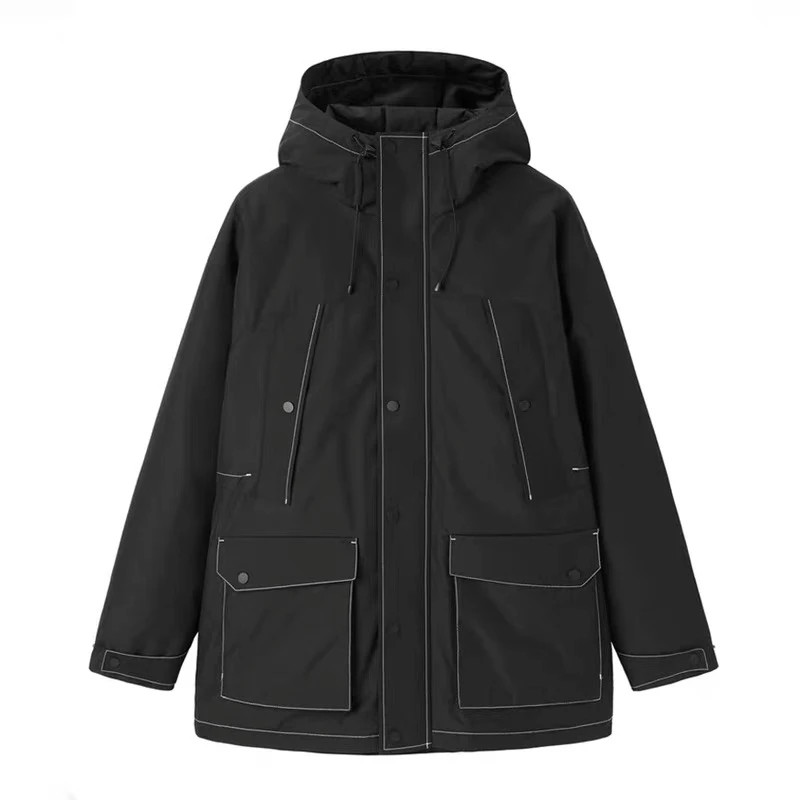 （pb）果果服饰精选男士户外极寒休闲加厚中长款黑色明线外套
