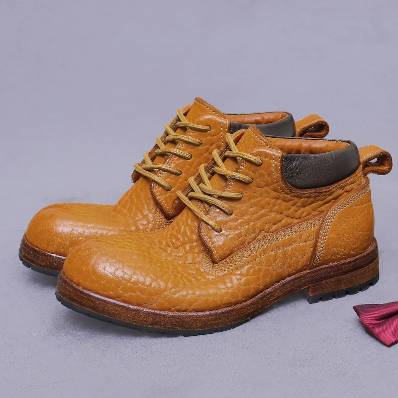 手工固特异牛皮荔枝纹大黄靴男士真皮马丁靴时尚复古高帮皮靴短靴