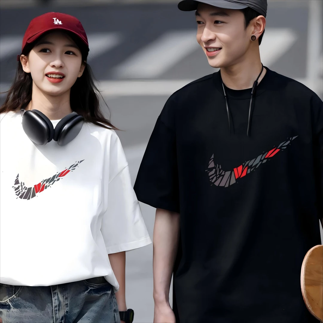 新款情侣款短袖t恤男士运动T恤重磅纯棉大码上衣圆领运动上衣半袖