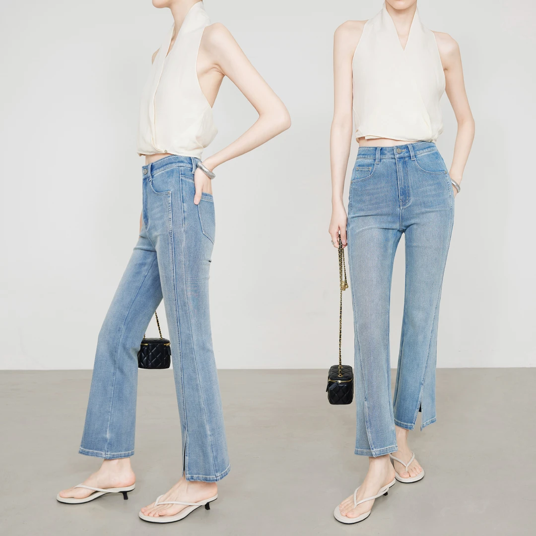 【年中大促】夏莫卡精致显瘦百搭小直筒牛仔开衩微喇裤N8340