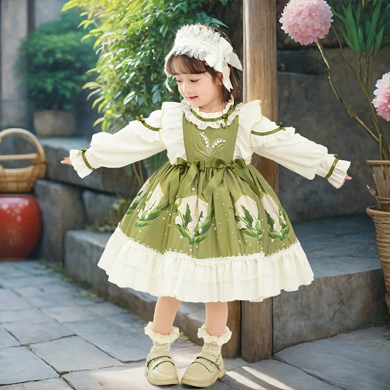 女童2024春秋新款儿童洛丽塔连衣裙小女孩洋气春装绿色生日公主裙