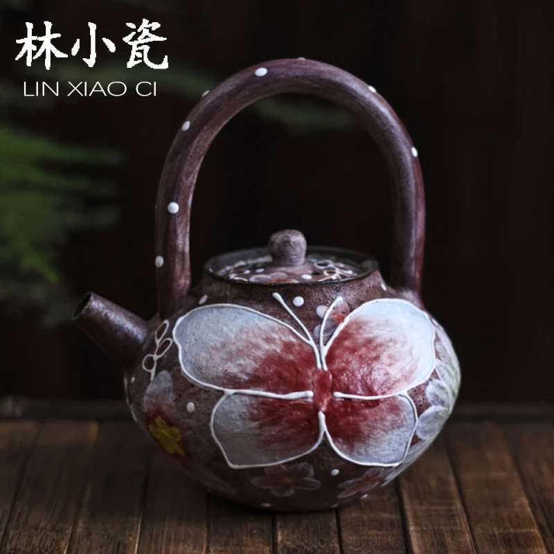 林小瓷洞尚造物褐蝴蝶花朵提梁壶茶壶手把壶