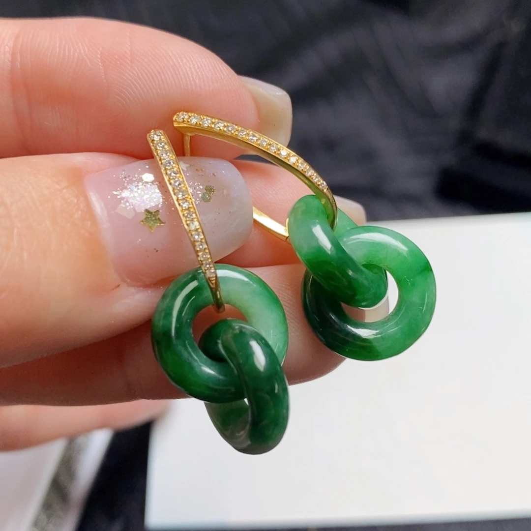 翡翠18K金镶嵌耳饰双环