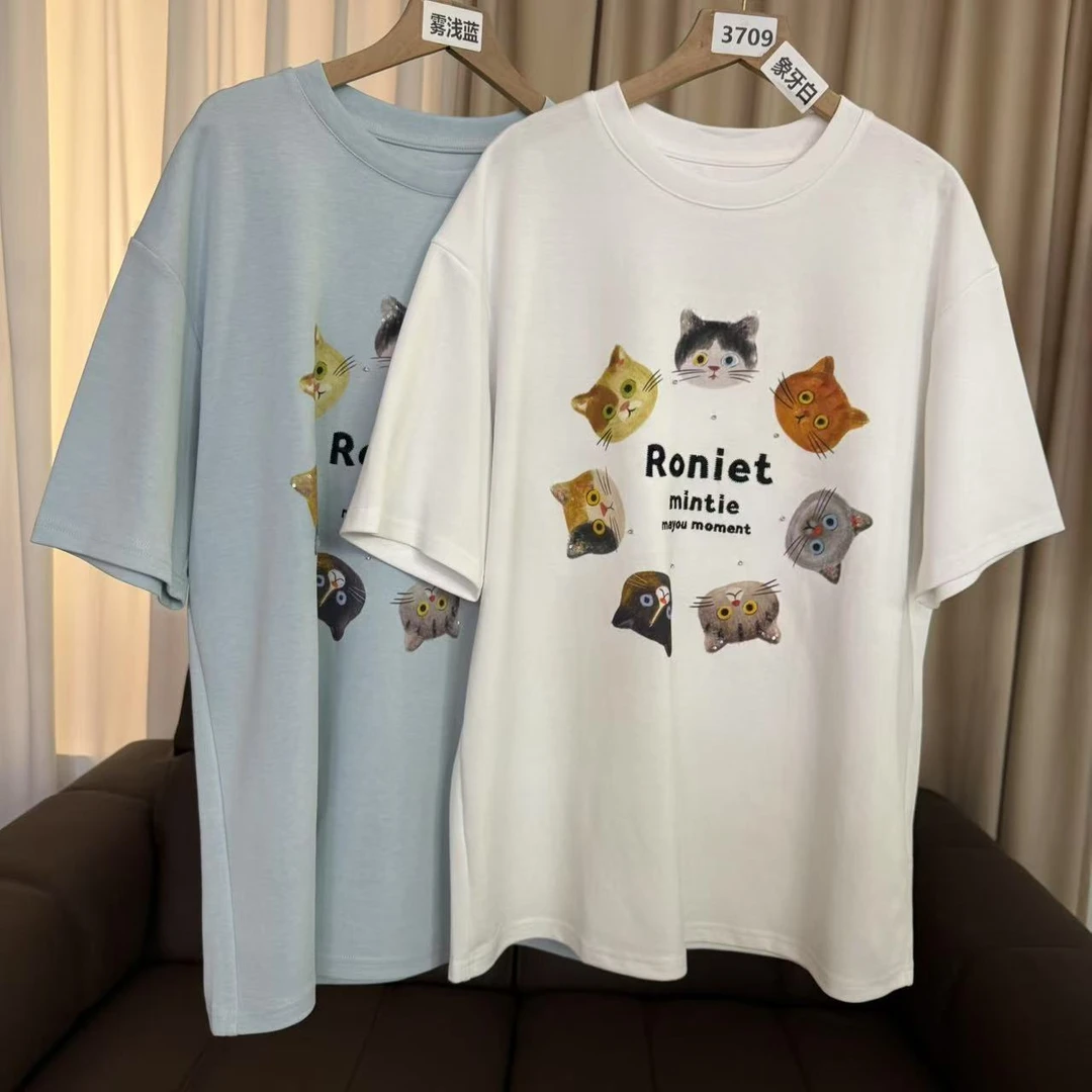 3709号2001#圆领刺绣字母手缝钻俏皮印花猫咪宽松短袖D2-23b