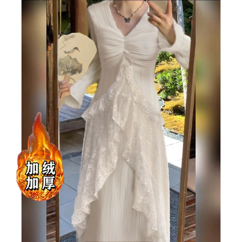 【加绒加厚】法式温柔风连衣裙女秋冬高级感蕾丝拼接显瘦长裙QJ0217