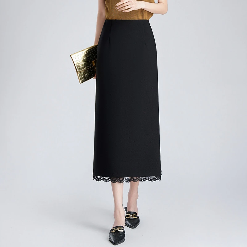 黑色半身裙蕾丝拼接2025春夏季新款大码包臀显瘦收腰中长款一步裙