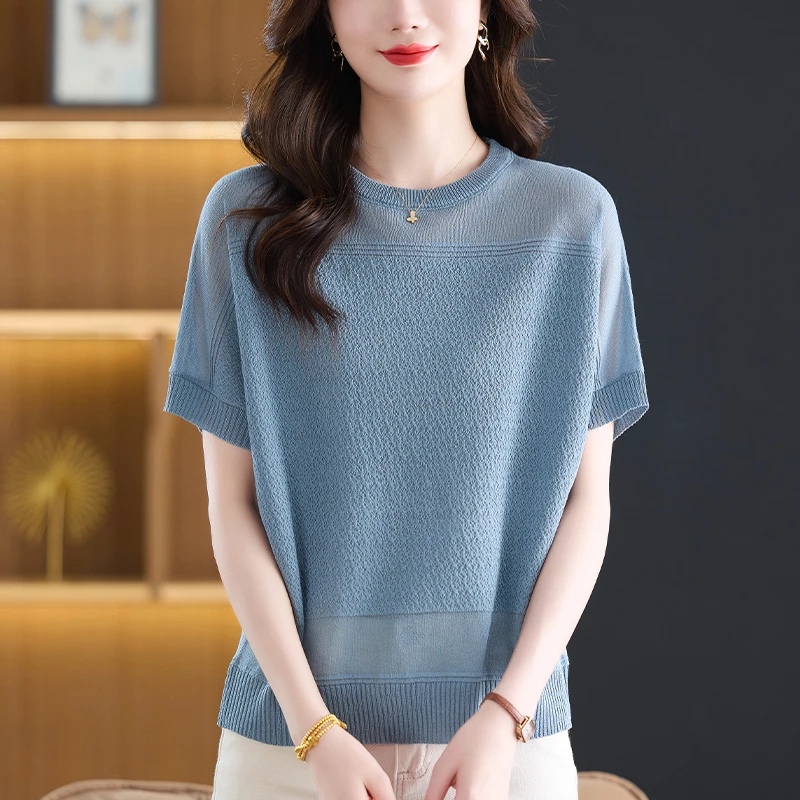 夏装2025新款大码女装冰丝短袖T恤宽松显瘦遮肉薄款圆领针织上衣
