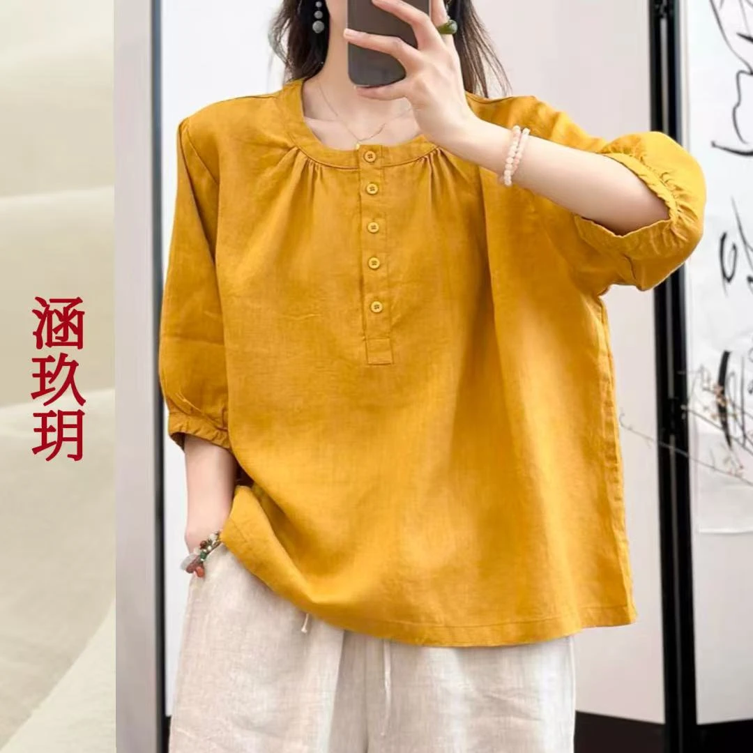 涵玖玥▪100%黄金纱雨露麻【温柔絮语】五扣简约上衣小米-9029