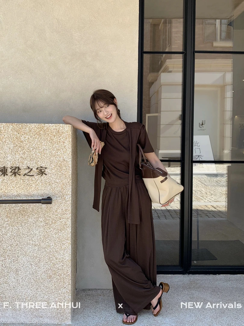 2025夏季新款韩系披肩圆领短袖T恤+阔腿裤三件套女