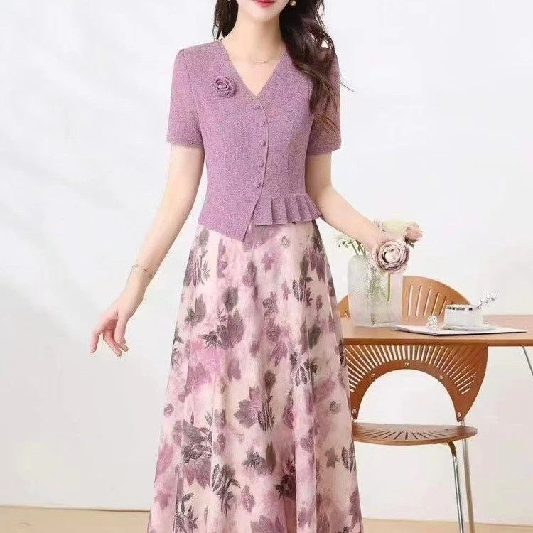 假俩件冰感气质连衣裙女2025春季新款减龄碎花中老年女装妈妈装