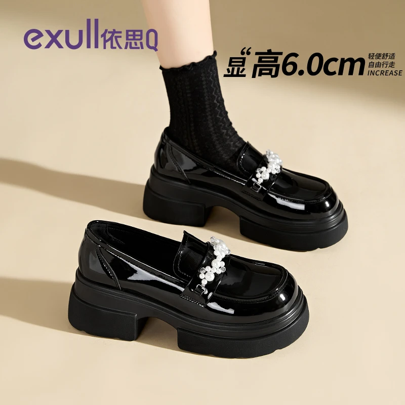 依思Q珍珠厚底乐福鞋女秋冬2024新款黑色学院一脚蹬玛丽珍小皮鞋