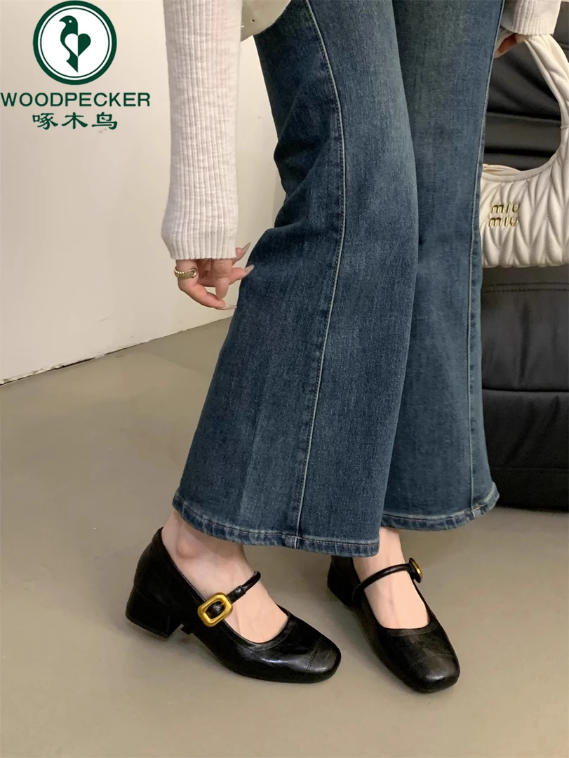 啄木鸟法式晚风浅口单鞋女2025春秋季新款小皮鞋复古中跟玛丽珍鞋