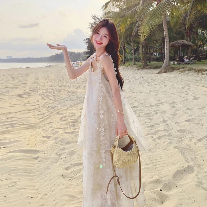 不规则网纱吊带裙夏季女2025新款海边度假风纯欲系温柔风连衣裙潮
