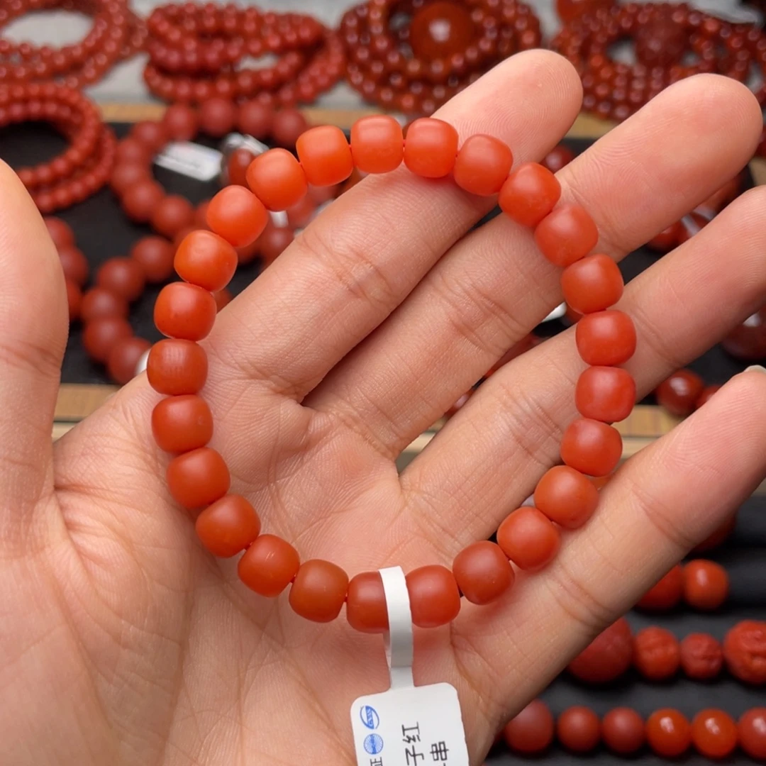 南红玛瑙未镶嵌手串H8mm收藏保山柿子红精工老型手串