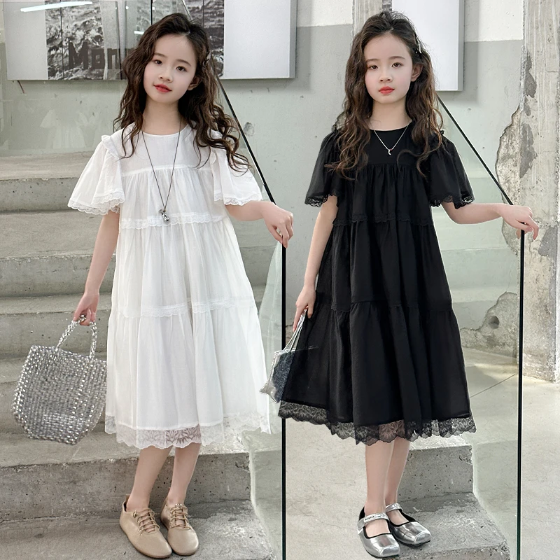 女童连衣裙夏季2025新款儿童洋气超仙公主裙女大童薄款蕾丝花边裙