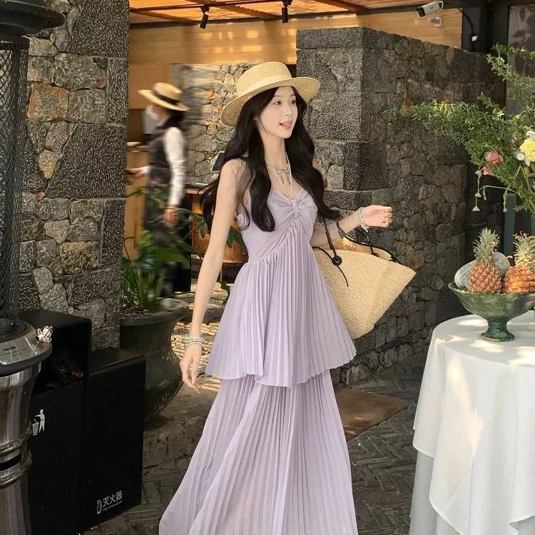 海边度假法式纯欲绝美吊带连衣裙夏季气质新款设计百褶长裙吊带裙