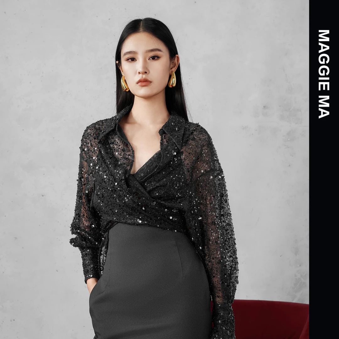 MAGGIE MA马婧设计师款夏季时尚镂空繁星闪闪亮片百搭蕾丝衫406S