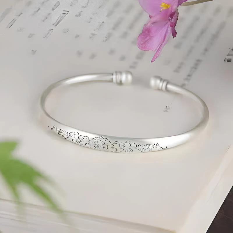 足银手镯 牡丹对珠足银999.9古法开口镯仿古花纹复古民族风实心豆