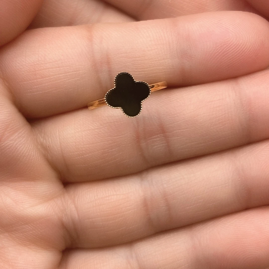 翡翠戒指18K金镶嵌墨翠四草女戒