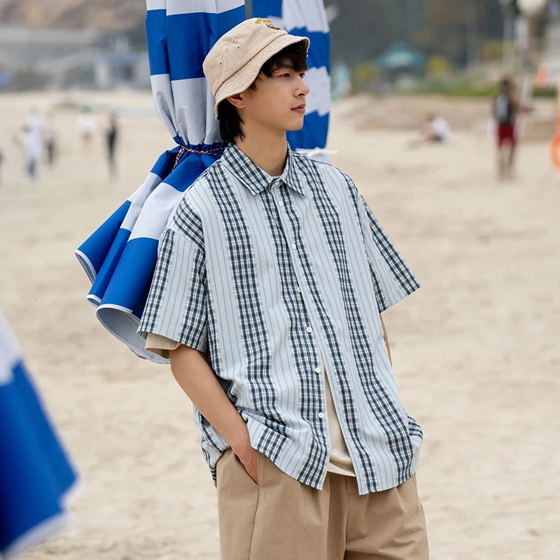 UrbanStandard日系剪花拼接短袖衬衫男夏季新款复古宽松休闲衬衣