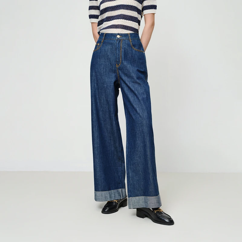 EP雅莹2025新款女装 时尚高腰直筒卷边土耳其牛仔裤J608A