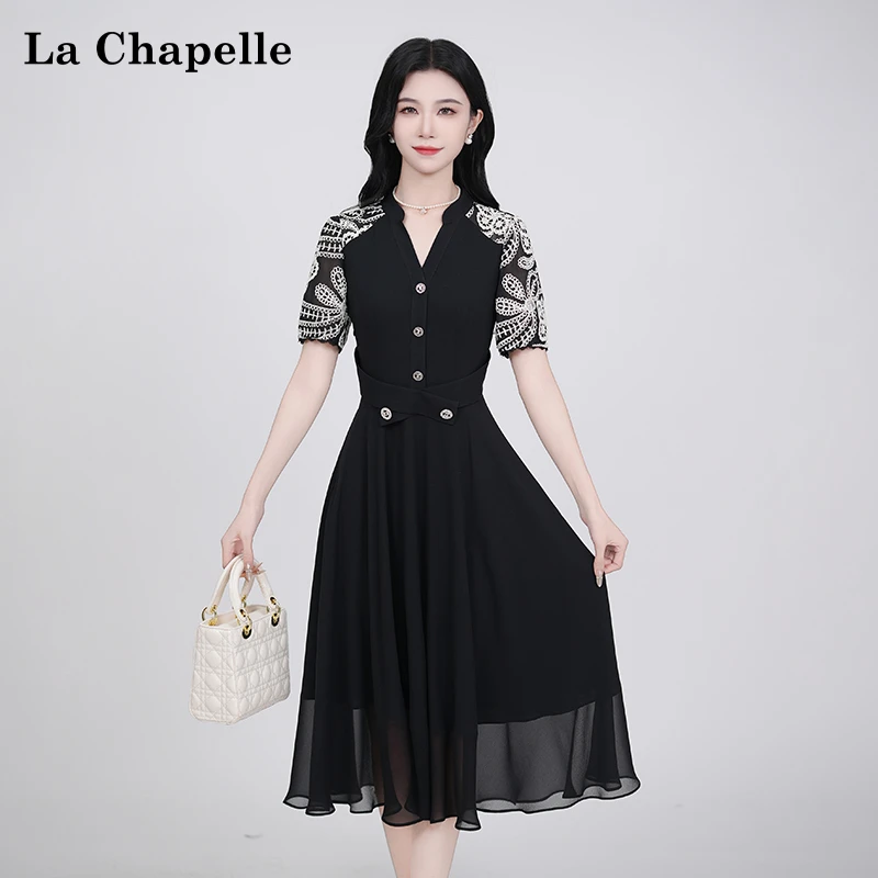 La Chapelle/拉夏贝尔夏季法式设计感显瘦松紧腰短袖连衣裙