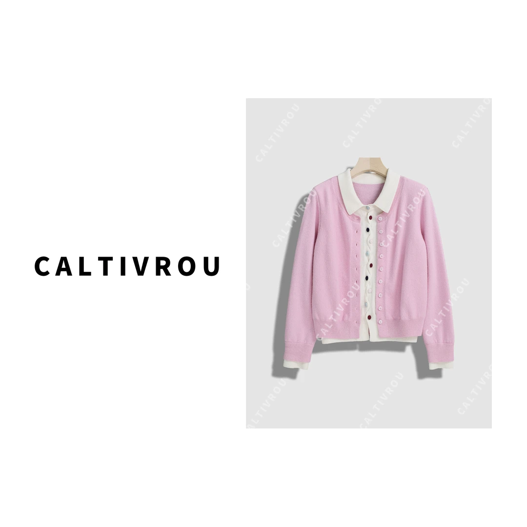 Caltivrou秋冬时尚设计感假两件慵懒风彩扣针织衫-Y14510