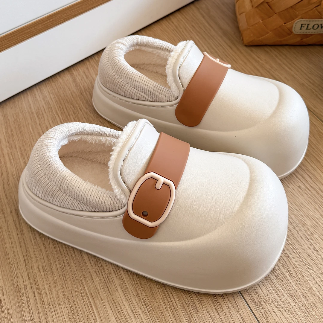 防水棉拖鞋女款冬季2025新款家居保暖包跟厚底防滑皮面棉鞋男外穿
