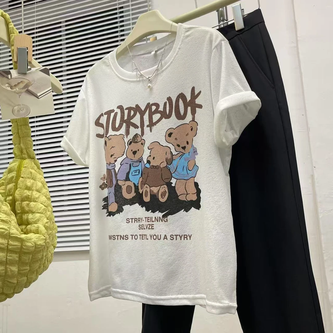 【小熊竹节棉】气质宽松印花t恤上衣女洋气减龄印花短袖休闲百搭款