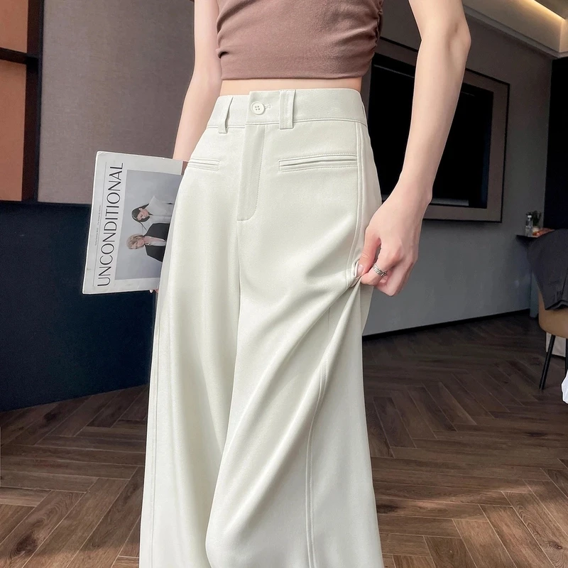 杏色窄版西装裤女春夏2025新款高级感垂感休闲显瘦直筒拖地阔腿裤