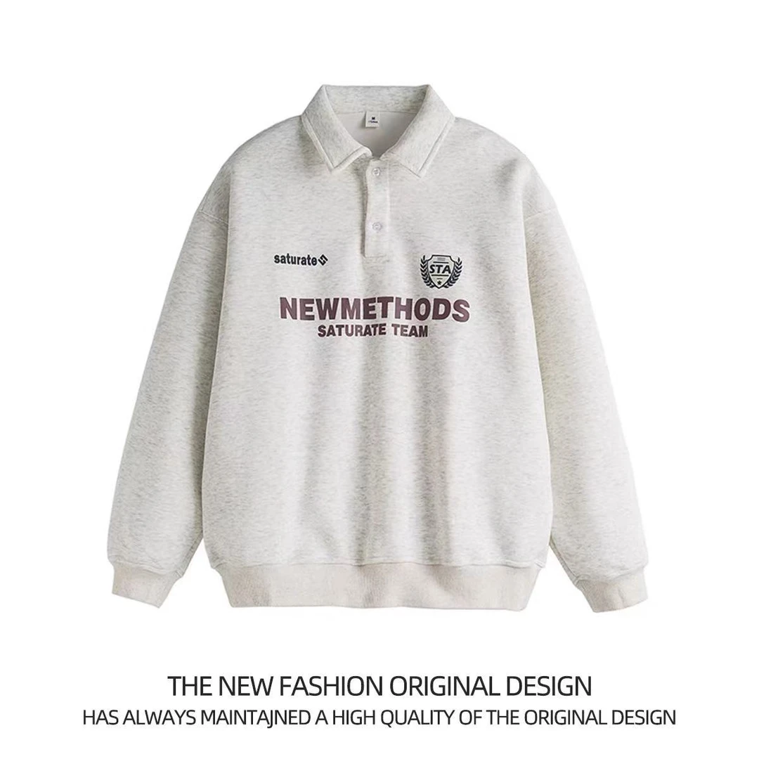 美式重磅polo领卫衣秋季新款潮牌字母印花宽松百搭翻领上衣-662