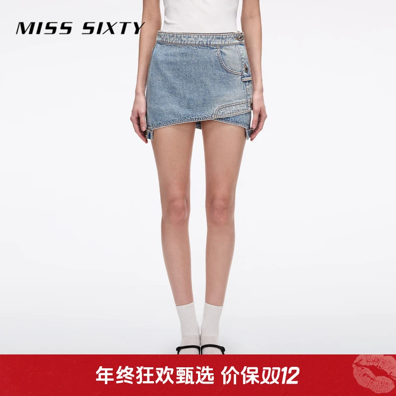 Miss Sixty2025夏季新款麻棉牛仔短裙女高腰侧门襟解构拼接半身裙