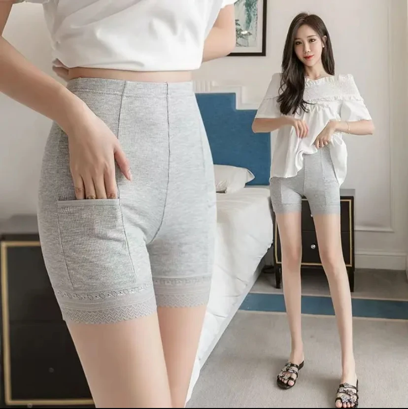 口袋安全裤夏季高腰薄款透气打底裤女士四角裤防走光宽松四分裤