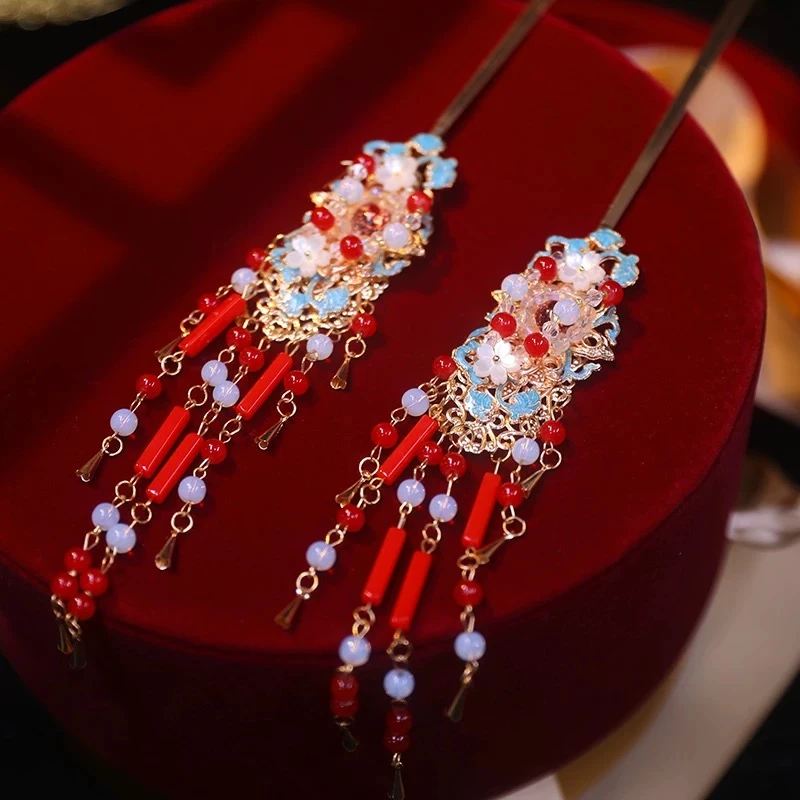 景泰蓝，新中式景泰蓝烧蓝珐琅彩流苏步摇发簪发钗（205）