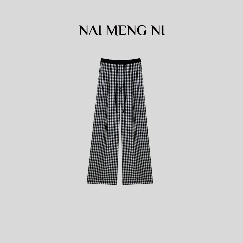 【火火】黑色棋盘格气质夏季时尚直筒慵懒拖地阔腿裤  26N6612
