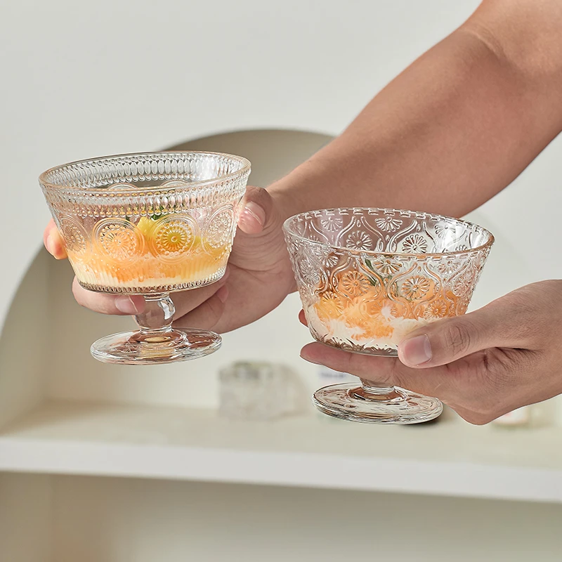 简约风玻璃ins甜品碗浮雕透明大容量冰淇淋雪糕碗燕麦酸奶早餐碗