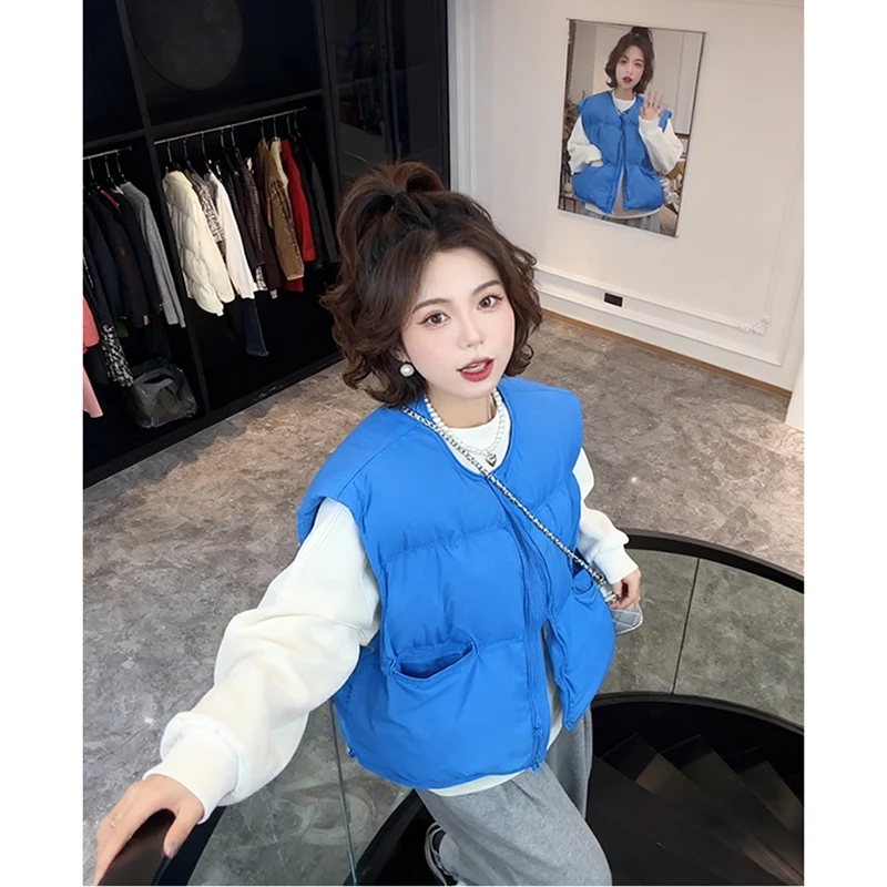 韩系高级感蓝色棉服马甲女秋冬季宽松叠穿背心小个子超好看短外套