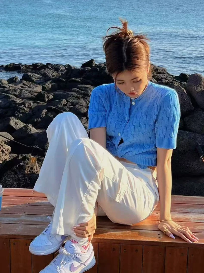 小马绣纯棉针织短袖开衫 T 0424