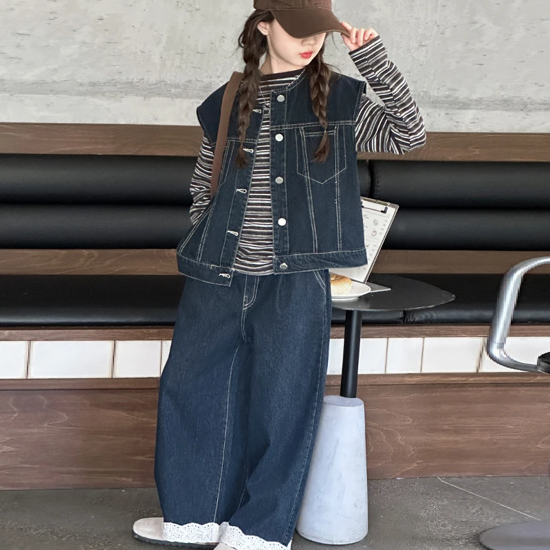 女童套装2025新款秋装儿童洋气时髦中大童韩系条纹牛仔马甲三件套