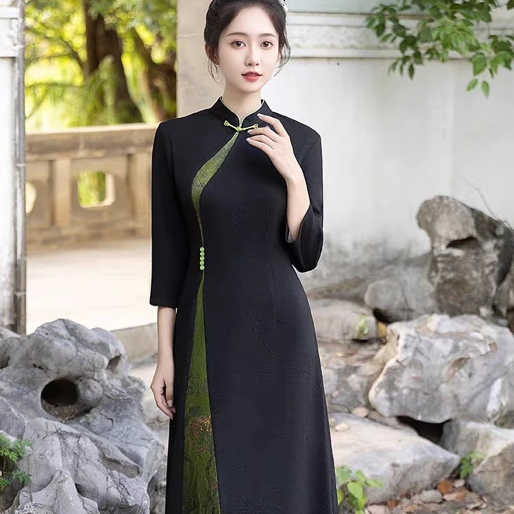 9337-A版旗袍微胖遮肚子显瘦秋款遮肉新款裙长袖妈妈高级感秋天